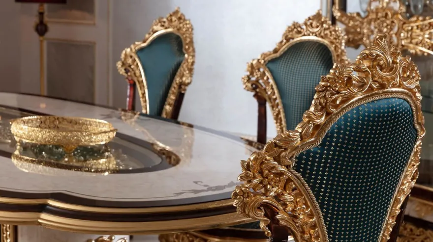 Casa Padrino Luxus Barock Esszimmer Set Weiß / Braun / Blau / Gold - 1 Barock Esstisch & 6 Barock Esszimmerstühle - Barock Esszimmer Möbel - Edel & Prunkvoll
