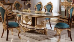 Casa Padrino Luxus Barock Esszimmer Set Weiß / Braun / Blau / Gold - 1 Barock Esstisch & 6 Barock Esszimmerstühle - Barock Esszimmer Möbel - Edel & Prunkvoll