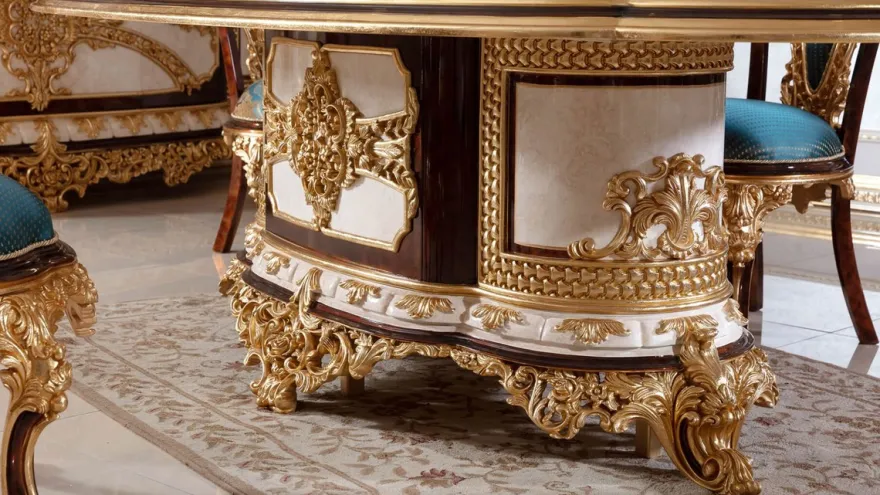 Casa Padrino Luxus Barock Esszimmer Set Weiß / Braun / Blau / Gold - 1 Barock Esstisch & 6 Barock Esszimmerstühle - Barock Esszimmer Möbel - Edel & Prunkvoll