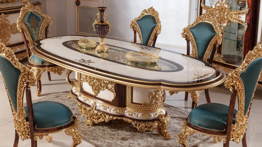 Casa Padrino Luxus Barock Esszimmer Set Weiß / Braun / Blau / Gold - 1 Barock Esstisch & 6 Barock Esszimmerstühle - Barock Esszimmer Möbel - Edel & Prunkvoll