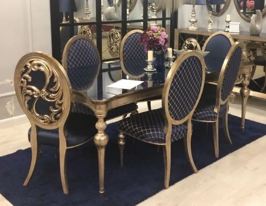 Casa Padrino Luxus Barock Esszimmer Set Blau / Antik Gold - 1 Esszimmertisch & 6 Esszimmerstühle - Barock Esszimmer Möbel - Edel & Prunkvoll