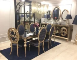 Casa Padrino Luxus Barock Esszimmer Set Blau / Antik Gold - 1 Esszimmertisch & 6 Esszimmerstühle - Barock Esszimmer Möbel - Edel & Prunkvoll