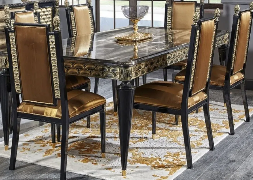 Casa Padrino Luxus Barock Esstisch Gold / Schwarz - Handgefertigter Massivholz Esszimmertisch - Barock Esszimmer Möbel - Edel & Prunkvoll