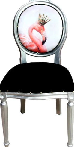Casa Padrino Luxus Barock Esszimmer Set Flamingo mit Krone Schwarz / Mehrfarbig / Silber 48 x 50 x H. 98 cm - 6 handgefertigte Esszimmerstühle mit Bling Bling Glitzersteinen - Barock Esszimmermöbel