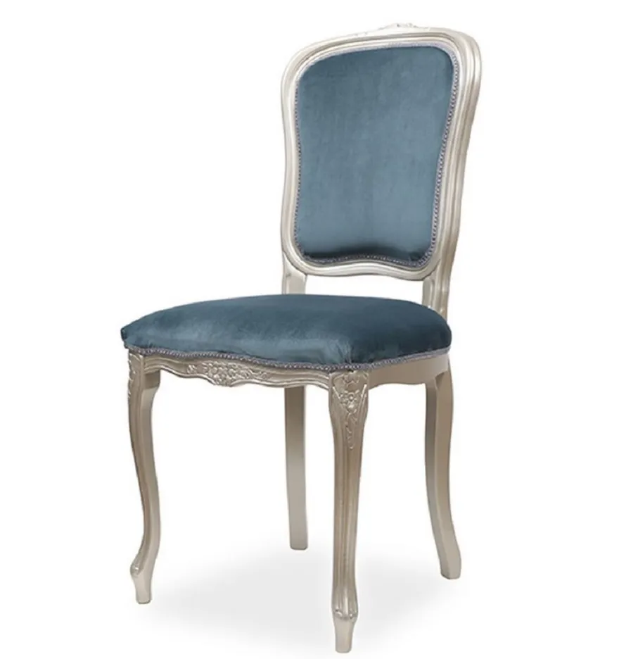 Casa Padrino Luxus Barock Esszimmer Stuhl Blau / Silber H. 100 cm