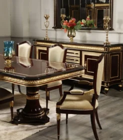 Casa Padrino Luxus Barock Esszimmer Stuhl mit Armlehnen Gold / Dunkelbraun / Gold - Luxus Esszimmer Möbel im Barockstil - Prunkvolle Barock Möbel - Barock Interior