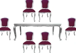 Casa Padrino Luxus Barock Esszimmer Set Lila / Silber - 1 Esstisch mit Glasplatte und 6 Esszimmerstühle - Made in Italy - Luxury Collection