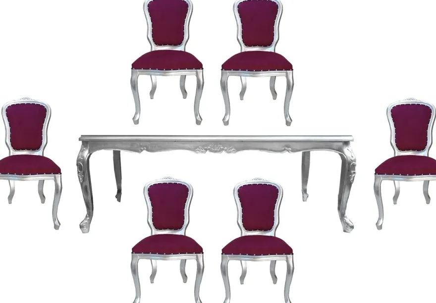 Casa Padrino Luxus Barock Esszimmer Set Lila / Silber - 1 Esstisch mit Glasplatte und 6 Esszimmerstühle - Made in Italy - Luxury Collection