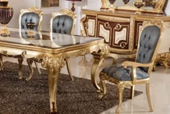 Casa Padrino Luxus Barock Esszimmer Set Blau / Weiß / Braun / Gold - 1 Barock Esstisch & 6 Barock Esszimmerstühle - Barock Esszimmer Möbel - Luxus Möbel im Barockstil - Edel & Prunkvoll