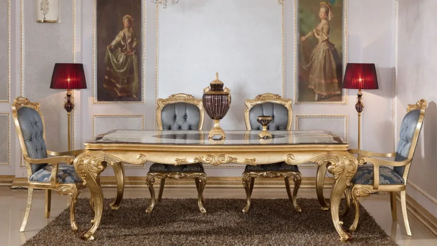 Casa Padrino Luxus Barock Esszimmer Set Blau / Weiß / Braun / Gold - 1 Barock Esstisch & 6 Barock Esszimmerstühle - Barock Esszimmer Möbel - Luxus Möbel im Barockstil - Edel & Prunkvoll