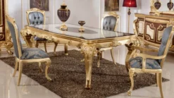 Casa Padrino Luxus Barock Esszimmer Set Blau / Weiß / Braun / Gold - 1 Barock Esstisch & 6 Barock Esszimmerstühle - Barock Esszimmer Möbel - Luxus Möbel im Barockstil - Edel & Prunkvoll