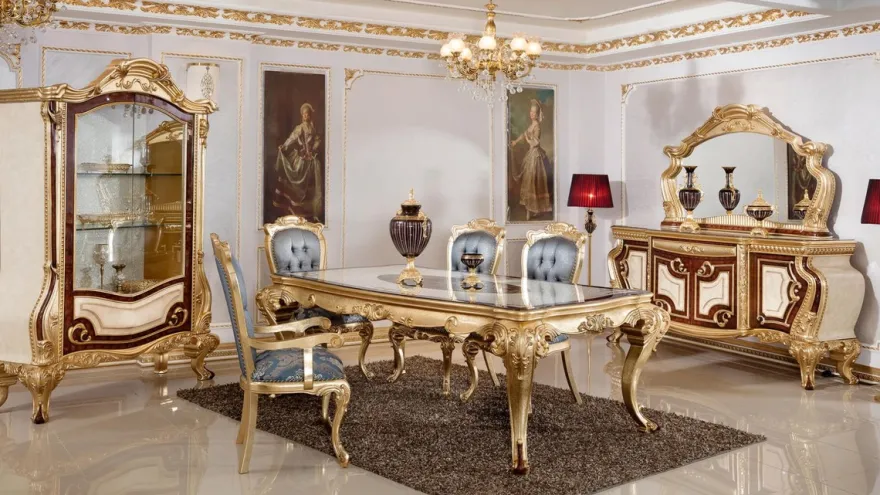 Casa Padrino Luxus Barock Esszimmer Set Blau / Weiß / Braun / Gold - 1 Barock Esstisch & 6 Barock Esszimmerstühle - Barock Esszimmer Möbel - Luxus Möbel im Barockstil - Edel & Prunkvoll