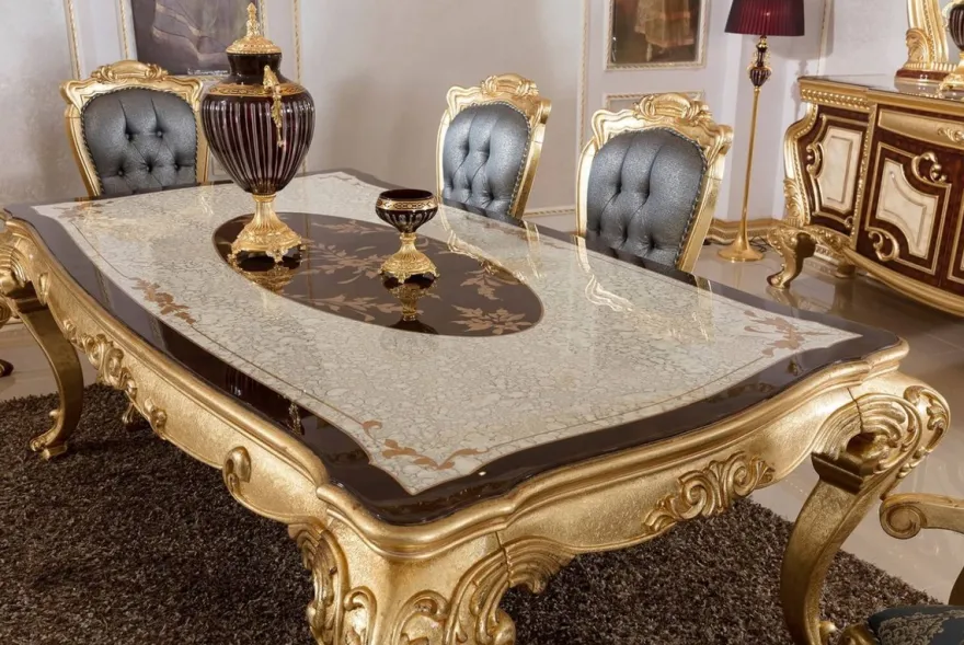 Casa Padrino Luxus Barock Esszimmer Set Blau / Weiß / Braun / Gold - 1 Barock Esstisch & 6 Barock Esszimmerstühle - Barock Esszimmer Möbel - Luxus Möbel im Barockstil - Edel & Prunkvoll