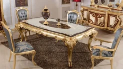 Casa Padrino Luxus Barock Esszimmer Set Blau / Weiß / Braun / Gold - 1 Barock Esstisch & 6 Barock Esszimmerstühle - Barock Esszimmer Möbel - Luxus Möbel im Barockstil - Edel & Prunkvoll