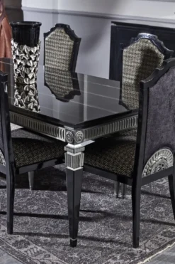 Casa Padrino Luxus Barock Esstisch Schwarz / Silber - Edler Massivholz Esszimmertisch - Prunkvolle Barock Esszimmer Möbel