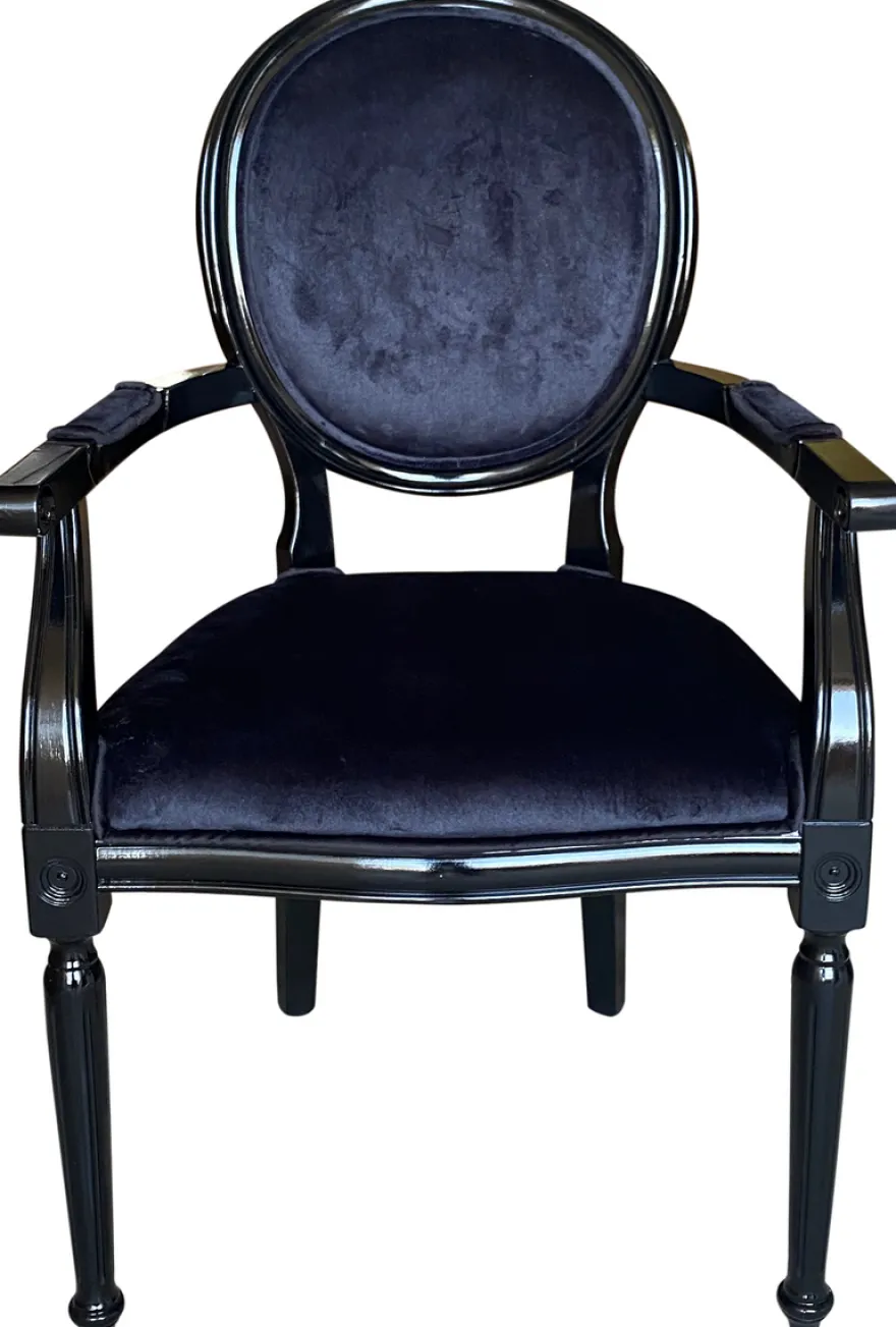 Casa Padrino Luxus Barock Esszimmer Stuhl Schwarz / Schwarz - Handgefertigter Antik Stil Stuhl mit Armlehnen und edlem Samtstoff - Esszimmer Möbel im Barockstil
