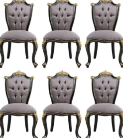 Casa Padrino Luxus Barock Esszimmerstuhl Set Silber / Schwarz / Gold - Handgefertigtes Küchen Stühle 6er Set - Barock Esszimmer Möbel - Edel & Prunkvoll