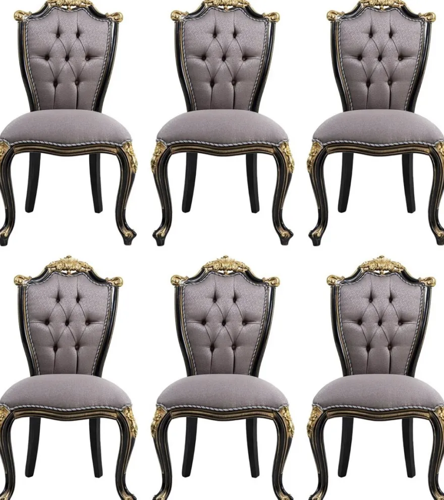Casa Padrino Luxus Barock Esszimmerstuhl Set Silber / Schwarz / Gold - Handgefertigtes Küchen Stühle 6er Set - Barock Esszimmer Möbel - Edel & Prunkvoll