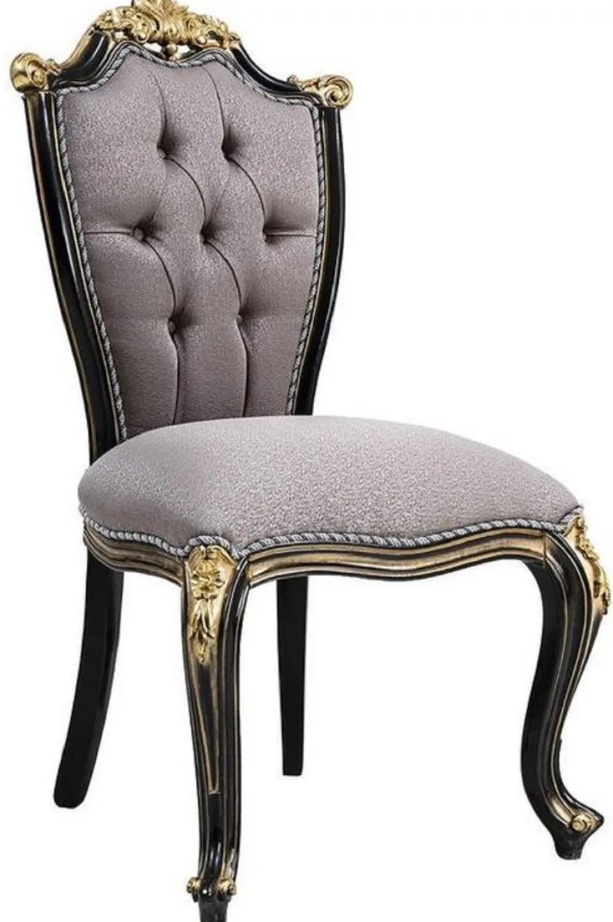 Casa Padrino Luxus Barock Esszimmerstuhl Set Silber / Schwarz / Gold - Handgefertigtes Küchen Stühle 6er Set - Barock Esszimmer Möbel - Edel & Prunkvoll