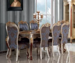 Casa Padrino Luxus Barock Esszimmer Set Blau / Silber - 1 Esstisch & 8 Esszimmerstühle - Prunkvolle Esszimmer Möbel im Barockstil