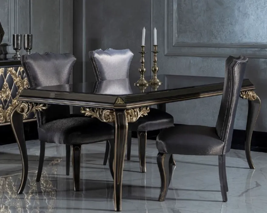 Casa Padrino Luxus Barock Esszimmer Set Blau / Schwarz / Gold - 1 Esstisch mit Glasplatte & 6 Esszimmerstühle - Edle Esszimmer Möbel im Barockstil