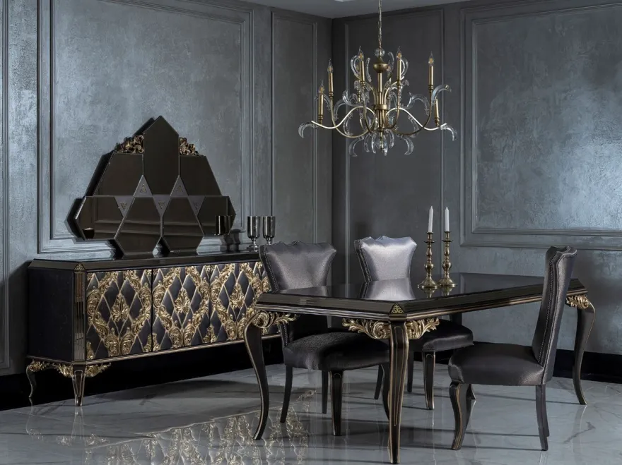 Casa Padrino Luxus Barock Esszimmer Set Blau / Schwarz / Gold - 1 Esstisch mit Glasplatte & 6 Esszimmerstühle - Edle Esszimmer Möbel im Barockstil