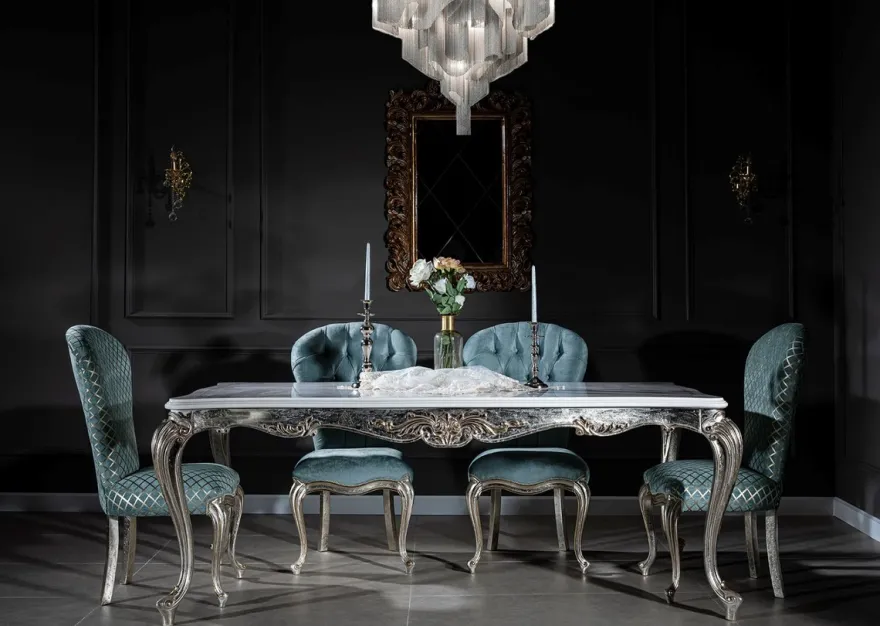 Casa Padrino Luxus Barock Esszimmer Stuhl Set Hellblau / Silber 55 x 55 x H. 107 cm - Küchen Stühle 6er Set - Edle Barock Esszimmer Möbel