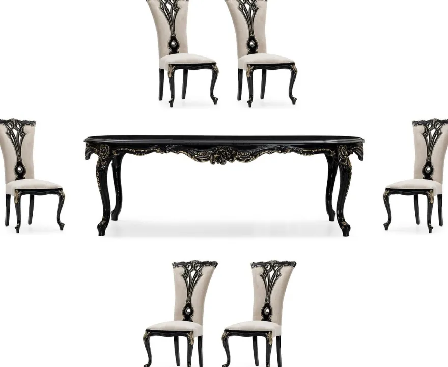 Casa Padrino Luxus Barock Esszimmer Set Creme / Schwarz / Gold - 1 Barock Esstisch & 6 Barock Esszimmerstühle - Luxus Esszimmer Möbel im Barockstil - Prunkvolle Barock Esszimmer Möbel