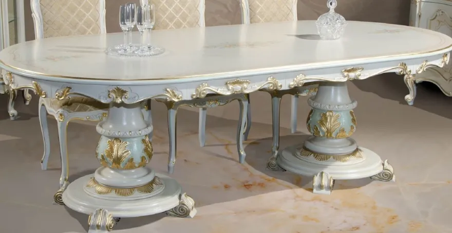 Casa Padrino Luxus Barock Esstisch Weiß / Creme / Mehrfarbig / Gold 700 cm - Riesiger Massivholz Esszimmertisch im Barockstil - Barock Esszimmer & Hotel Möbel - Luxus Qualität - Made in Italy