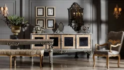 Casa Padrino Luxus Barock Esszimmerstuhl mit Armlehnen Grau / Naturfarben - Prunkvoller Massivholz Stuhl im Barockstil - Barock Esszimmer Möbel
