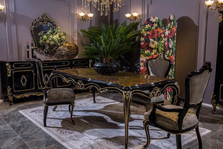 Casa Padrino Luxus Barock Esszimmer Set Silber / Schwarz / Gold - 1 Esstisch & 6 Esszimmerstühle - Prunkvolle Esszimmer Möbel im Barockstil