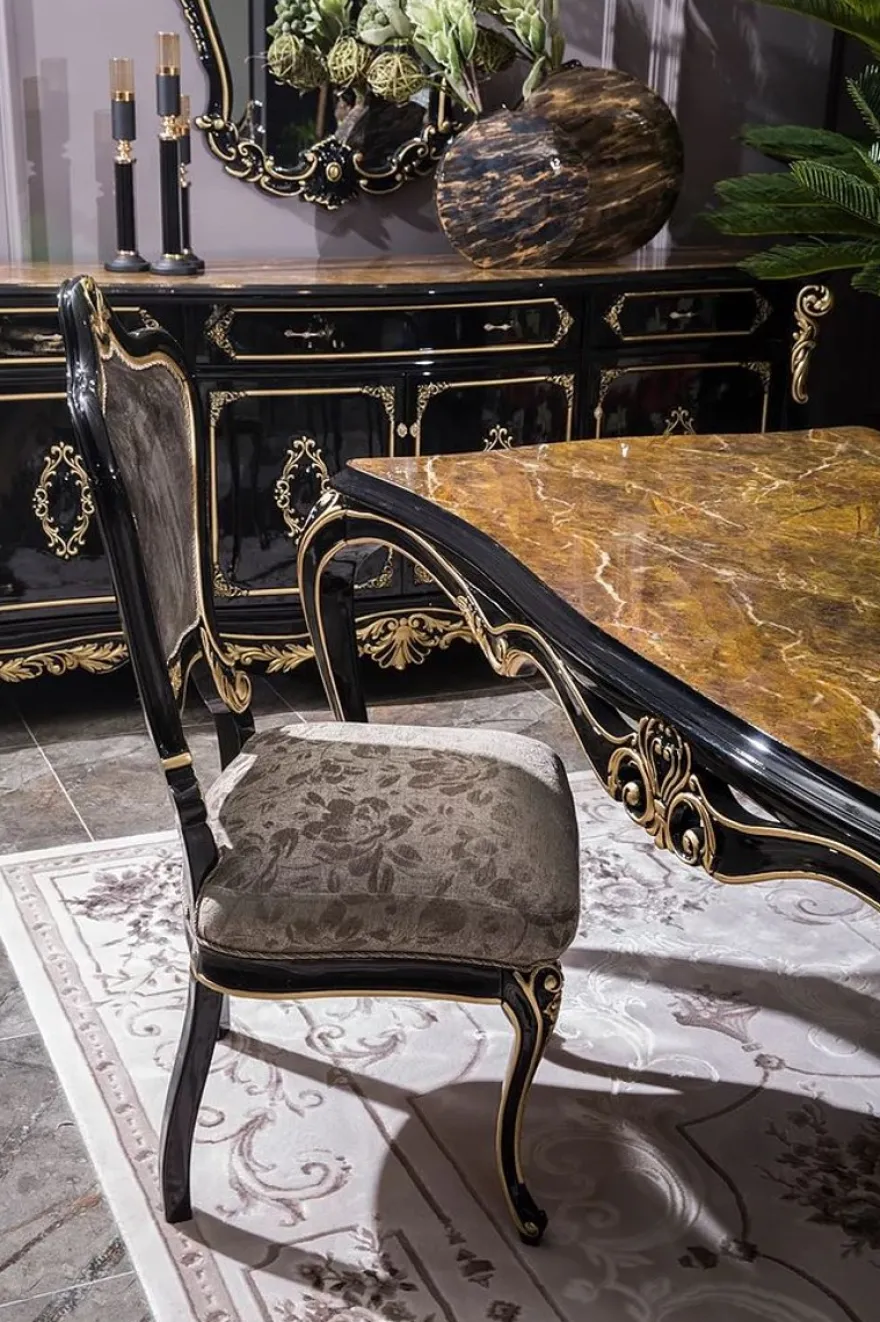 Casa Padrino Luxus Barock Esszimmer Set Silber / Schwarz / Gold - 1 Esstisch & 6 Esszimmerstühle - Prunkvolle Esszimmer Möbel im Barockstil