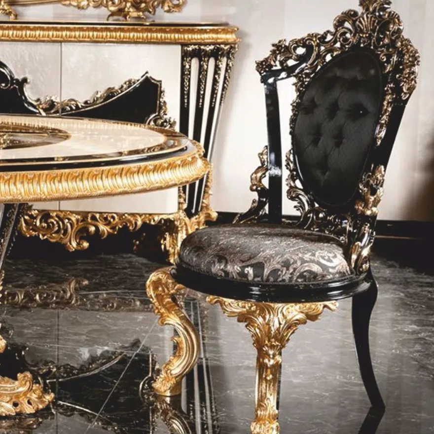 Casa Padrino Luxus Barock Esszimmer Stuhl Schwarz / Gold H. 110 cm - Handgefertigter Barockstil Stuhl - Barock Esszimmer Möbel
