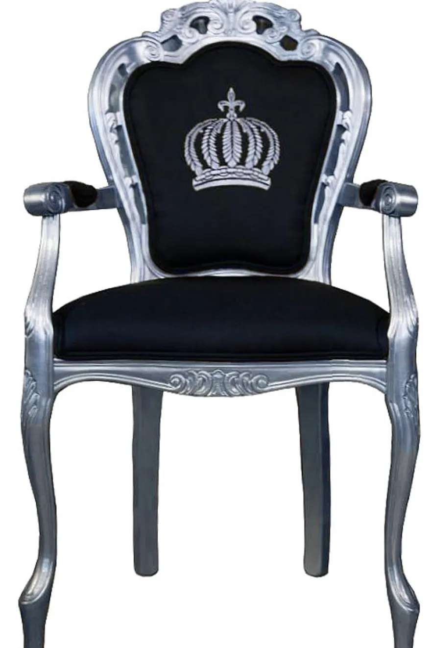 Casa Padrino Luxus Barock Esszimmerstuhl Pompöös von Harald Glööckler Schwarz / Silber - Breite 48 cm, Höhe 105 cm