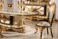 Casa Padrino Luxus Barock Esszimmer Set Weiß / Mehrfarbig / Blau / Gold - 1 Barock Esstisch & 6 Barock Esszimmerstühle - Barock Esszimmer Möbel - Edel & Prunkvoll