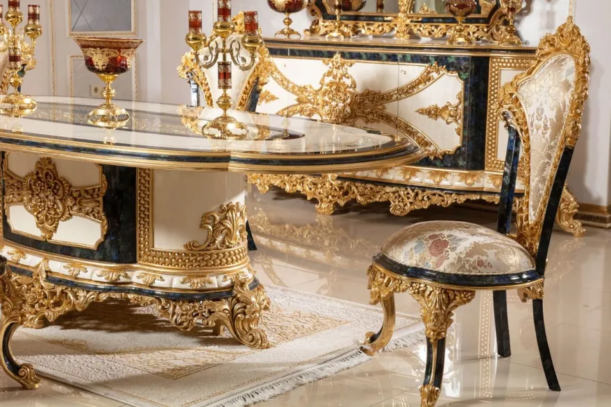 Casa Padrino Luxus Barock Esszimmer Set Weiß / Mehrfarbig / Blau / Gold - 1 Barock Esstisch & 6 Barock Esszimmerstühle - Barock Esszimmer Möbel - Edel & Prunkvoll