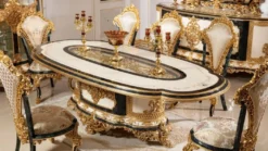 Casa Padrino Luxus Barock Esszimmer Set Weiß / Mehrfarbig / Blau / Gold - 1 Barock Esstisch & 6 Barock Esszimmerstühle - Barock Esszimmer Möbel - Edel & Prunkvoll
