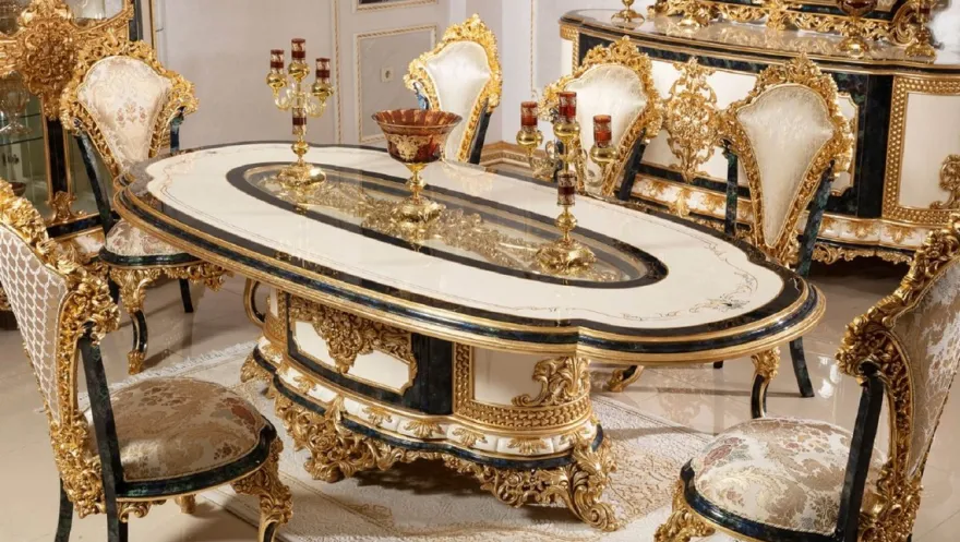 Casa Padrino Luxus Barock Esszimmer Set Weiß / Mehrfarbig / Blau / Gold - 1 Barock Esstisch & 6 Barock Esszimmerstühle - Barock Esszimmer Möbel - Edel & Prunkvoll