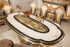 Casa Padrino Luxus Barock Esszimmer Set Weiß / Mehrfarbig / Blau / Gold - 1 Barock Esstisch & 6 Barock Esszimmerstühle - Barock Esszimmer Möbel - Edel & Prunkvoll