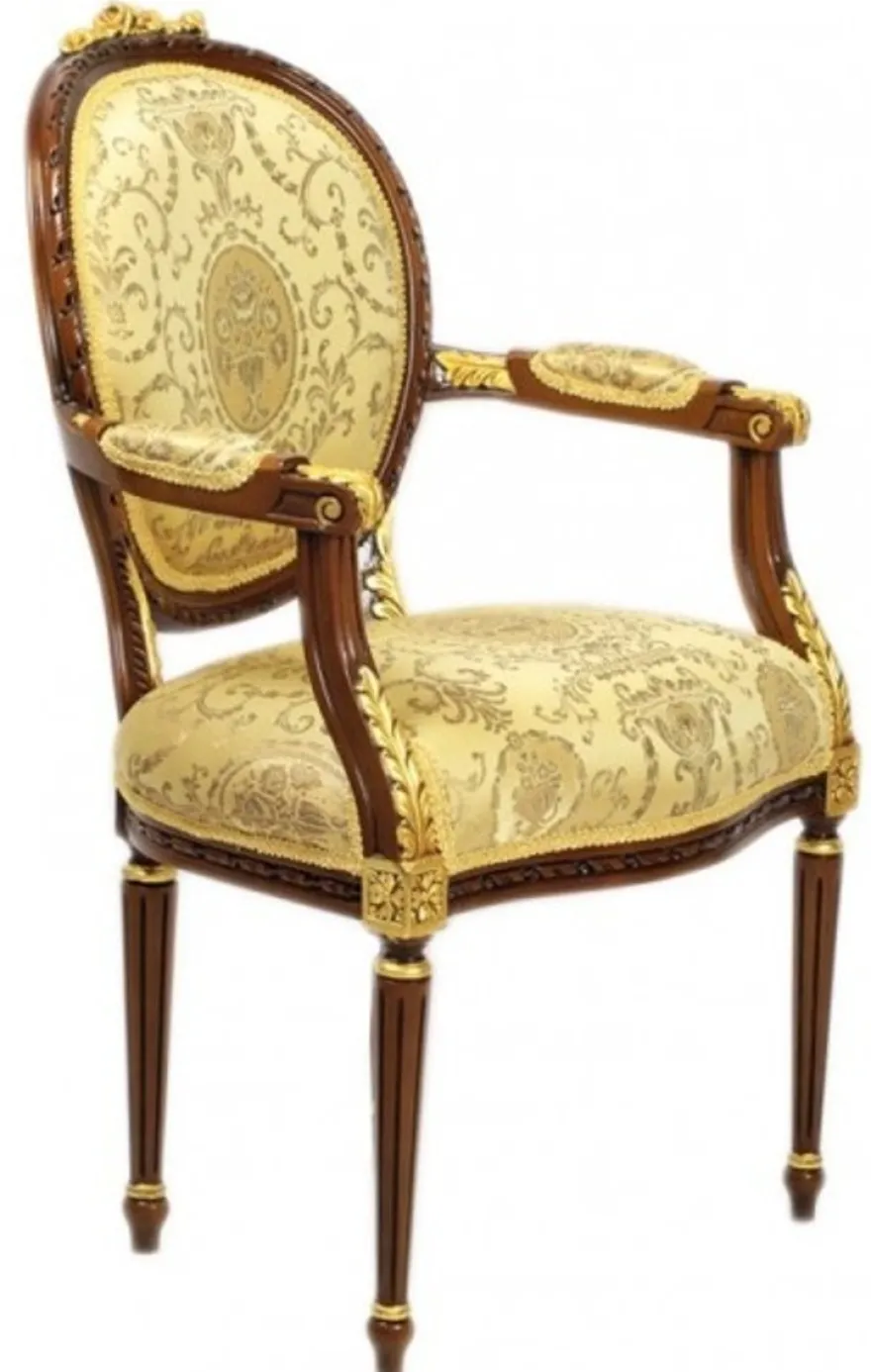 Casa Padrino Luxus Barock Esszimmer Stuhl mit Armlehnen Ludwig XV Gold Muster / Mahagoni Braun - Möbel