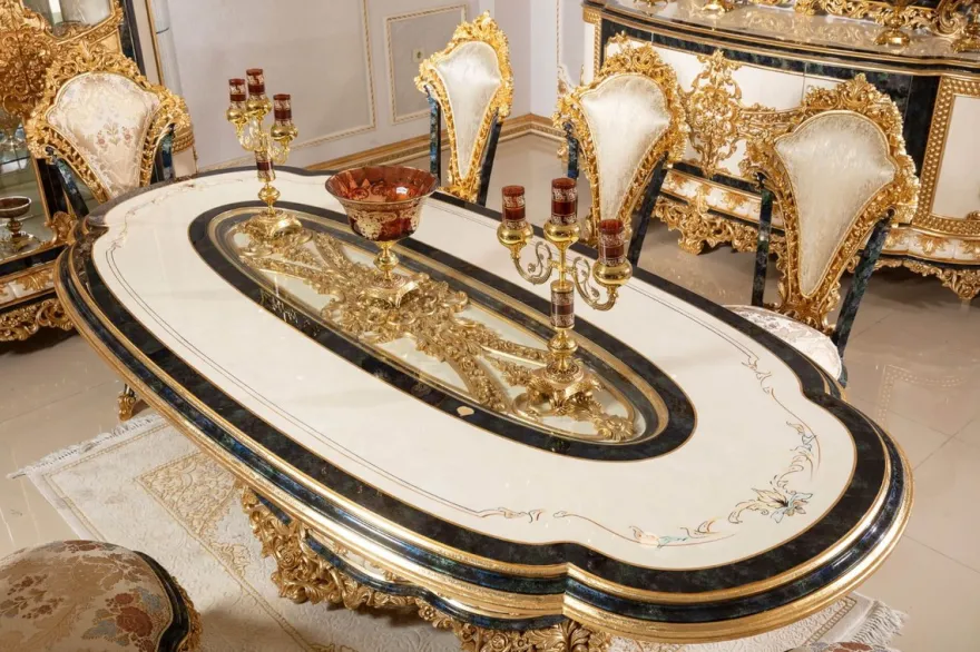 Casa Padrino Luxus Barock Esstisch Weiß / Blau / Gold - Prunkvoller Massivholz Esszimmertisch im Barockstil - Barock Esszimmer Möbel - Edel & Prunkvoll
