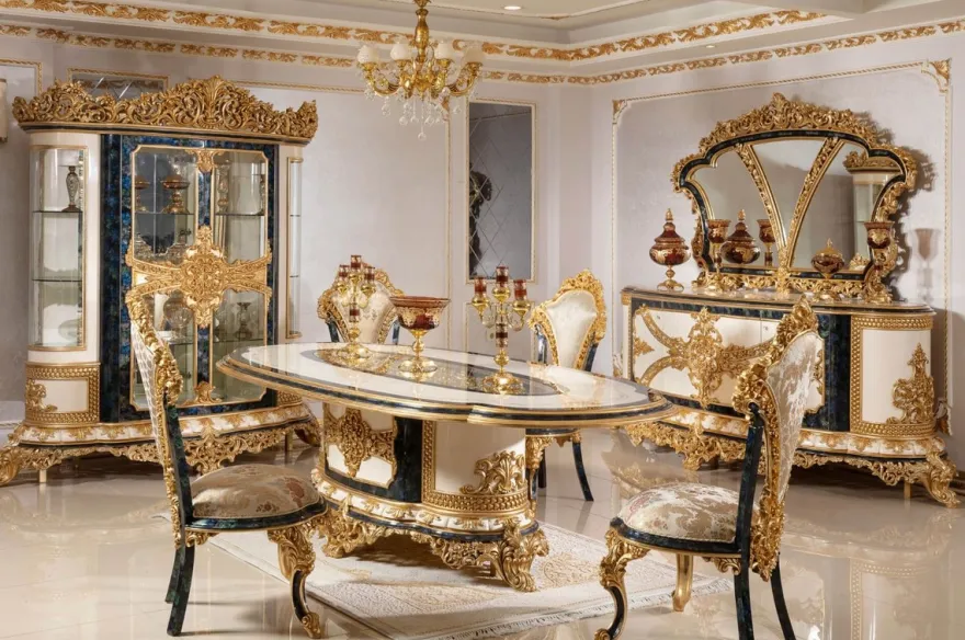Casa Padrino Luxus Barock Esstisch Weiß / Blau / Gold - Prunkvoller Massivholz Esszimmertisch im Barockstil - Barock Esszimmer Möbel - Edel & Prunkvoll