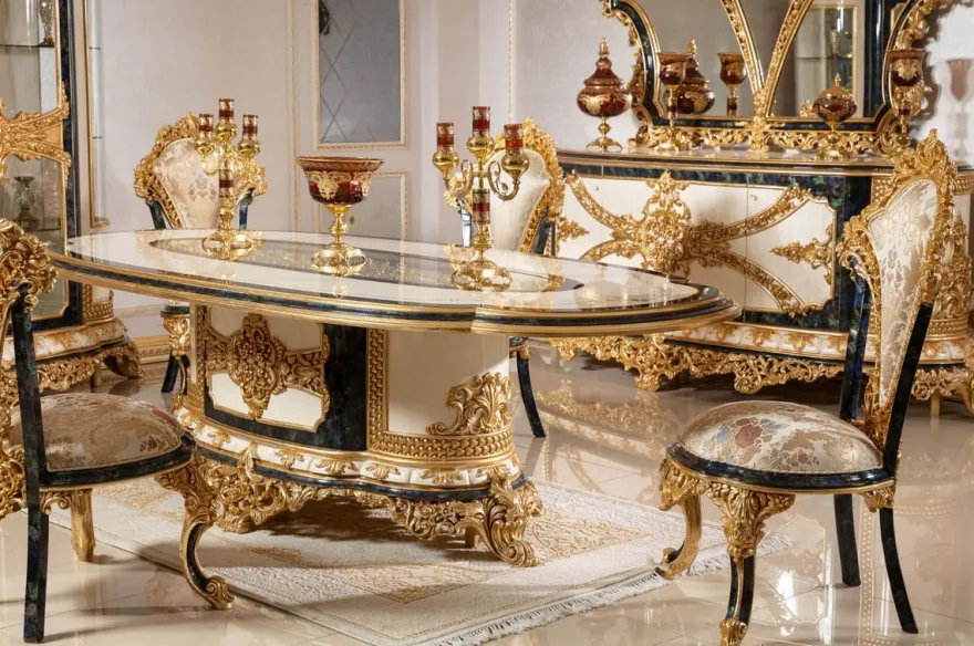 Casa Padrino Luxus Barock Esstisch Weiß / Blau / Gold - Prunkvoller Massivholz Esszimmertisch im Barockstil - Barock Esszimmer Möbel - Edel & Prunkvoll