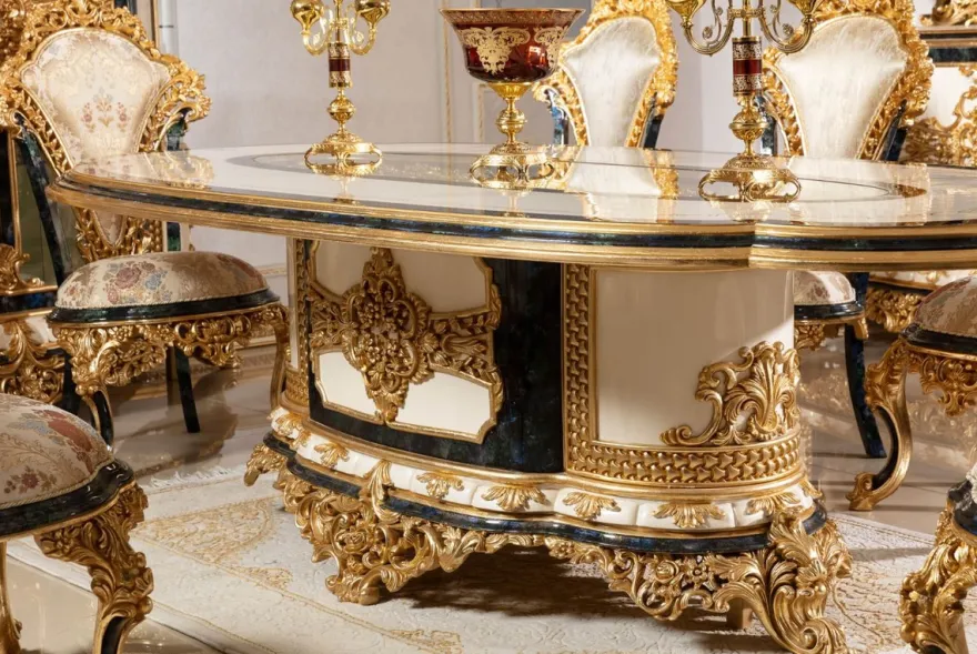 Casa Padrino Luxus Barock Esstisch Weiß / Blau / Gold - Prunkvoller Massivholz Esszimmertisch im Barockstil - Barock Esszimmer Möbel - Edel & Prunkvoll
