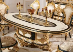 Casa Padrino Luxus Barock Esstisch Weiß / Blau / Gold - Prunkvoller Massivholz Esszimmertisch im Barockstil - Barock Esszimmer Möbel - Edel & Prunkvoll