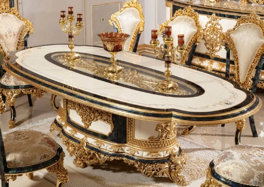 Casa Padrino Luxus Barock Esstisch Weiß / Blau / Gold - Prunkvoller Massivholz Esszimmertisch im Barockstil - Barock Esszimmer Möbel - Edel & Prunkvoll
