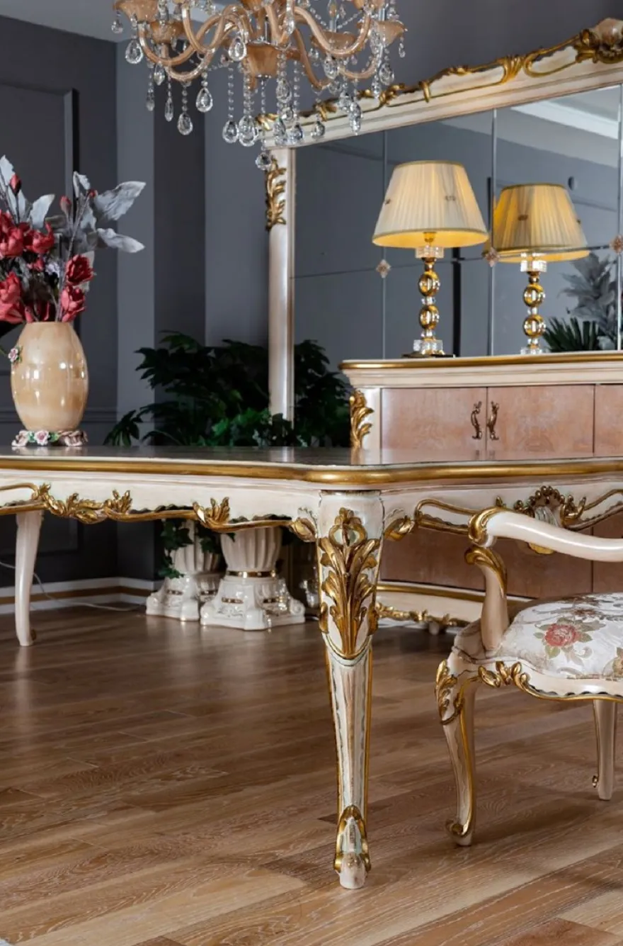 Casa Padrino Luxus Barock Esstisch Beige / Weiß / Gold - Prunkvoller Massivholz Esszimmertisch im Barockstil - Barock Esszimmer Möbel