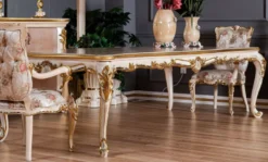 Casa Padrino Luxus Barock Esstisch Beige / Weiß / Gold - Prunkvoller Massivholz Esszimmertisch im Barockstil - Barock Esszimmer Möbel