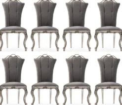 Casa Padrino Luxus Barock Esszimmer Stuhl 8er Set Grau / Silber - Prunkvolle Barockstil Küchen Stühle - Luxus Esszimmer Möbel im Barockstil - Barock Esszimmer Möbel - Barockstil Möbel