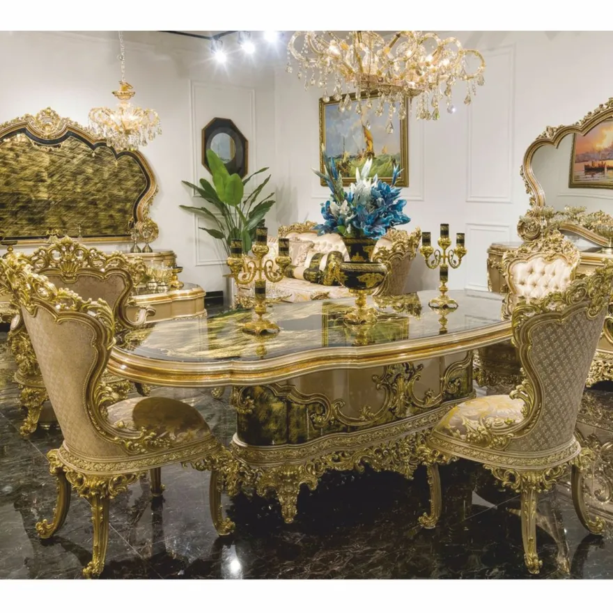Casa Padrino Luxus Barock Esszimmer Set Grau / Grün / Gold - 1 Barock Esstisch & 6 Barock Esszimmer Stühle - Barock Esszimmer Möbel